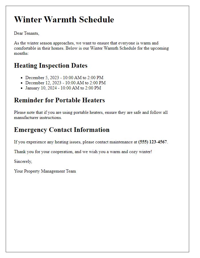 Letter template of winter warmth schedule for tenants