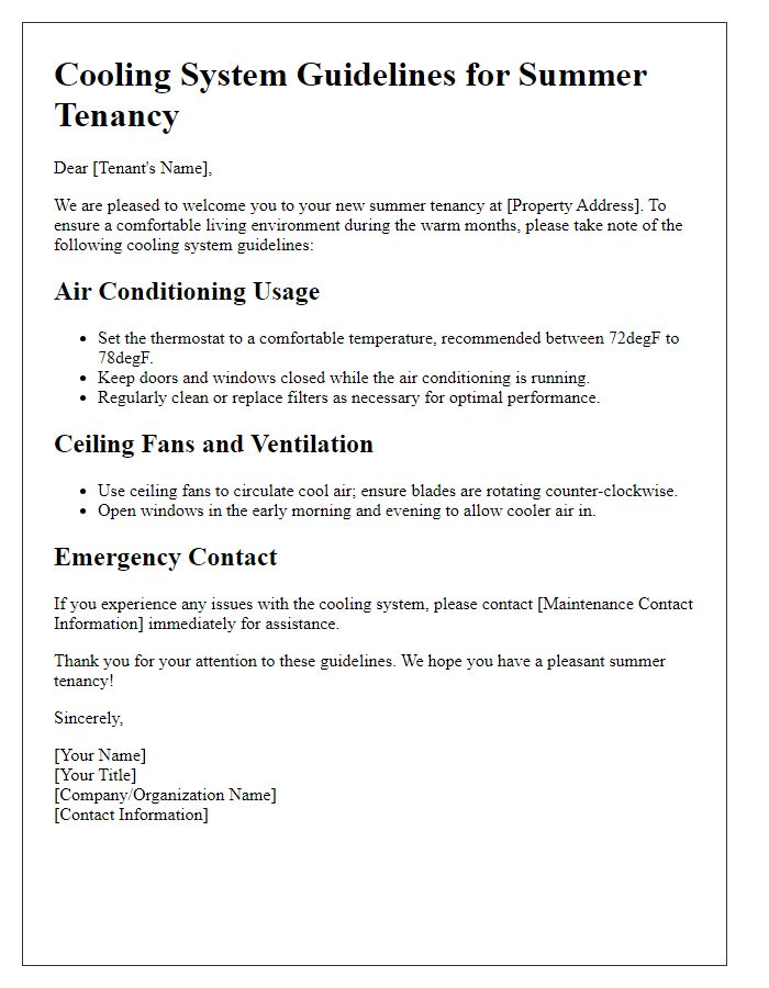 Letter template of Cooling System Guidelines for Summer Tenancy