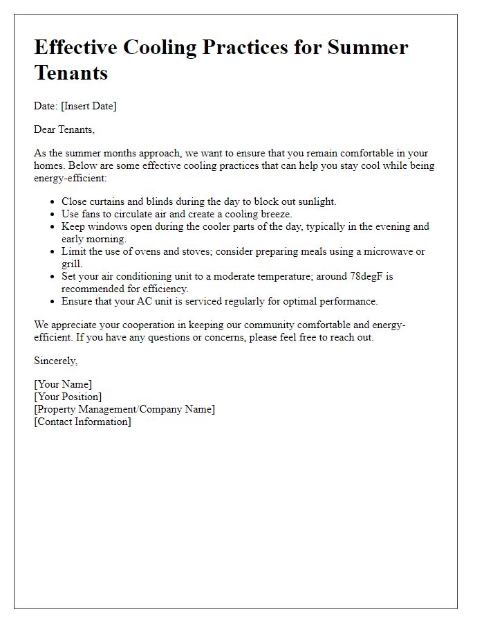 Letter template of Effective Cooling Practices for Summer Tenants