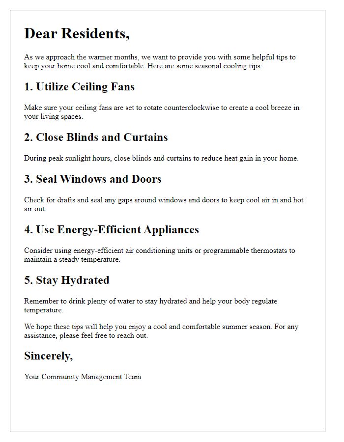 Letter template of Seasonal Cooling Tips for Residents