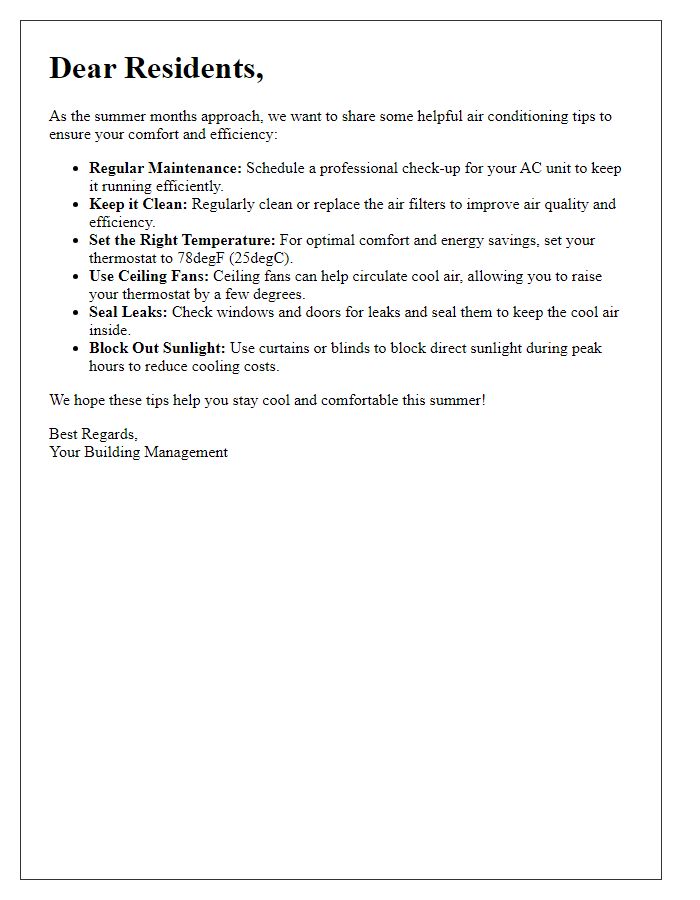 Letter template of Summer Air Conditioning Tips for Residents