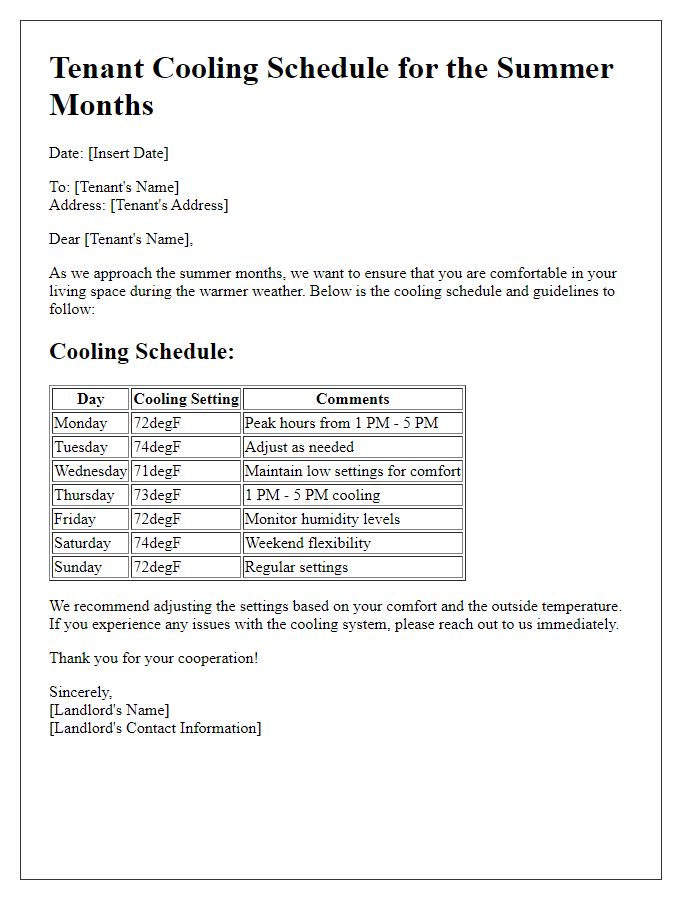 Letter template of Tenant Cooling Schedule for the Summer Months