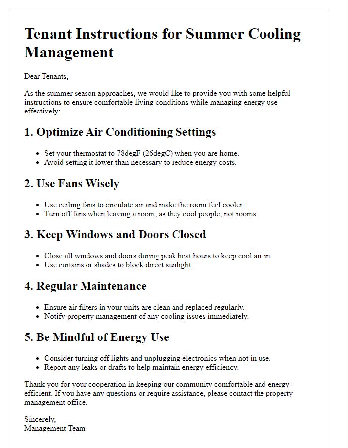 Letter template of Tenant Instructions for Summer Cooling Management