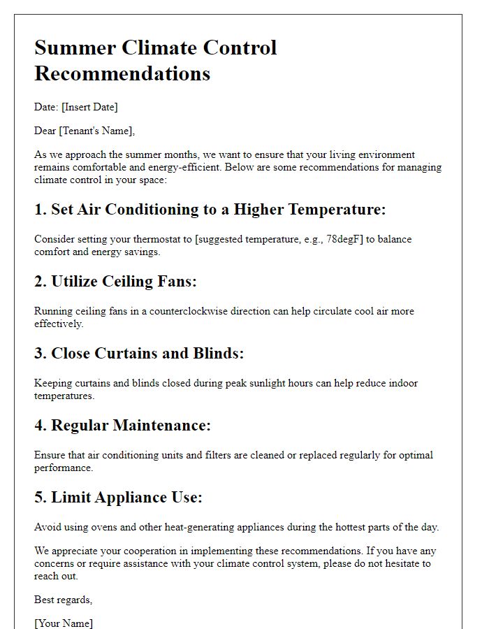 Letter template of Tenant Summer Climate Control Recommendations