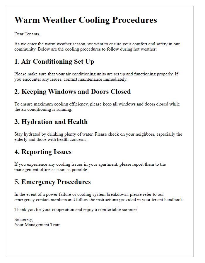 Letter template of Warm Weather Cooling Procedures for Tenants