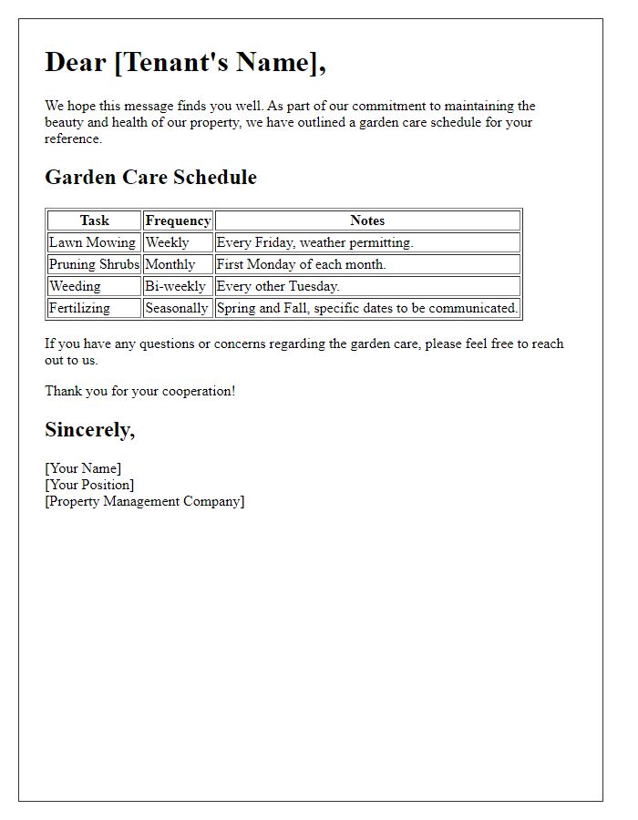 Letter template of garden care schedule for tenants