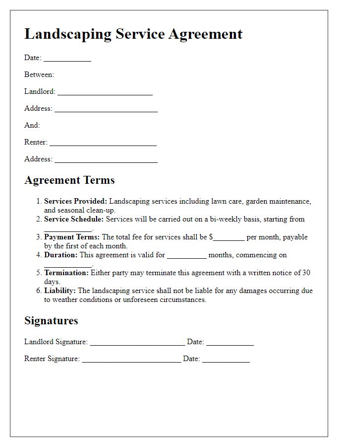 Letter template of landscaping service agreement for renters