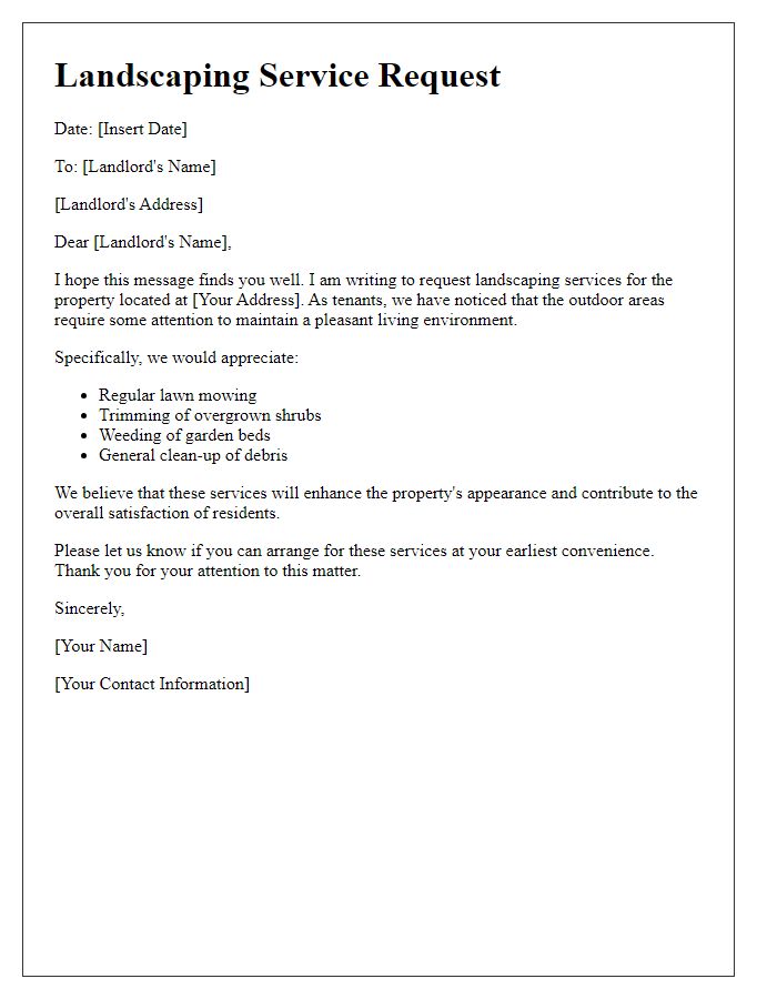 Letter template of landscaping service request for tenants