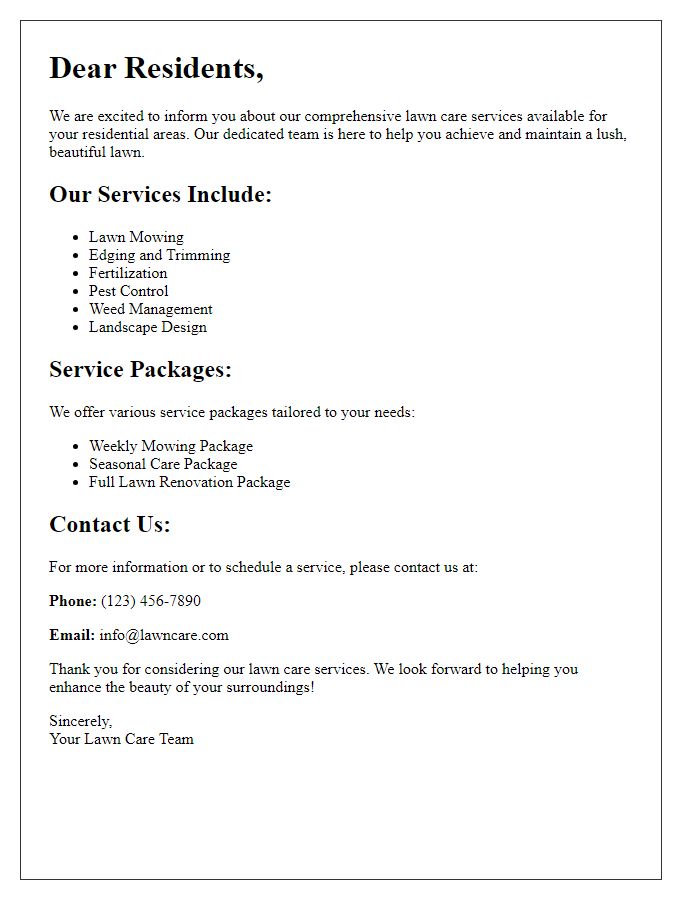 Letter template of lawn care service information for residents