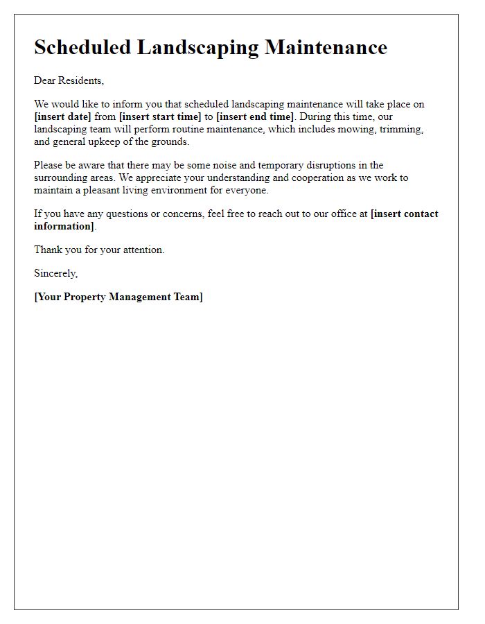 Letter template of scheduled landscaping maintenance communication for renters