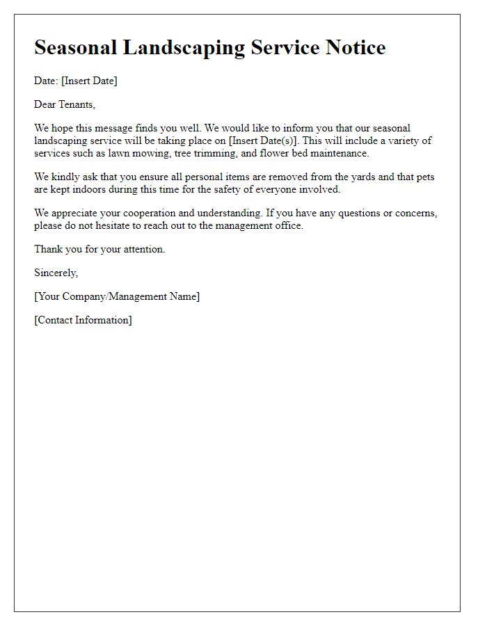 Letter template of seasonal landscaping service notice for tenants