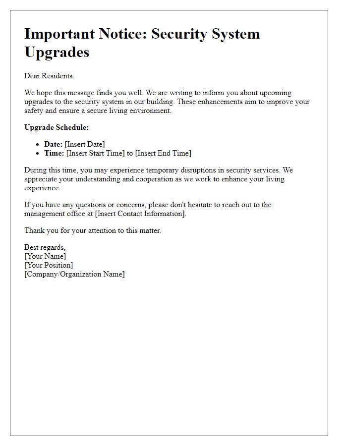 Letter template of tenant alert for security system upgrades.