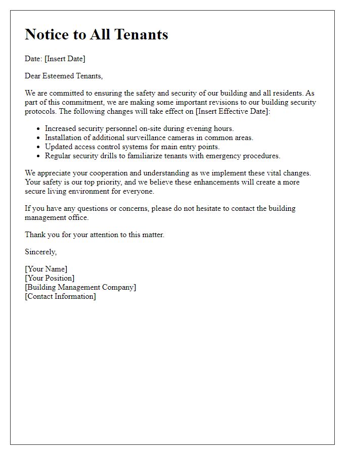 Letter template of tenant announcement for building security revisions.