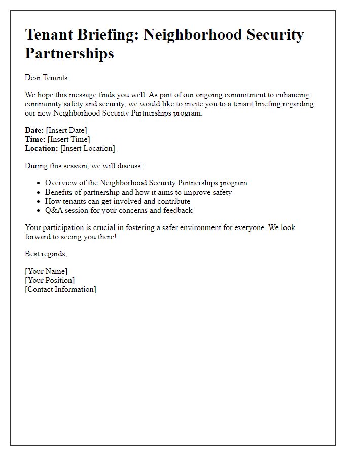 Letter template of tenant briefing regarding neighborhood security partnerships.