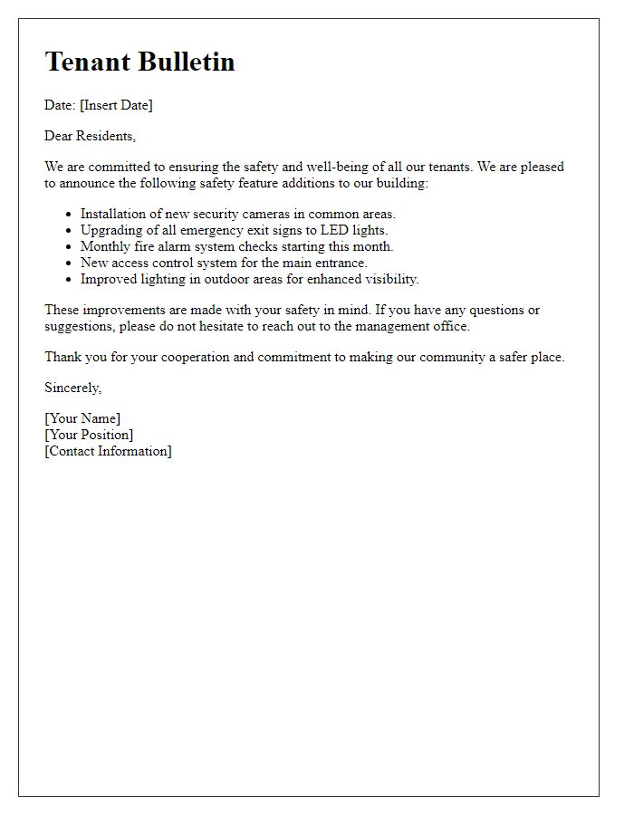 Letter template of tenant bulletin for safety feature additions.