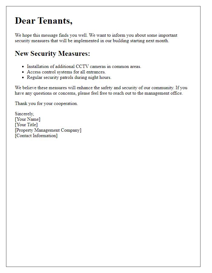 Letter template of tenant communication about new security measures.