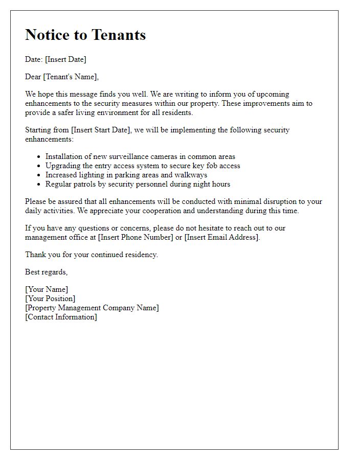 Letter template of tenant notice regarding security enhancements.