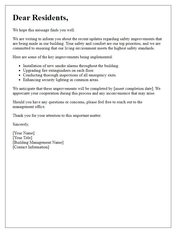 Letter template of tenant update on building safety improvements.