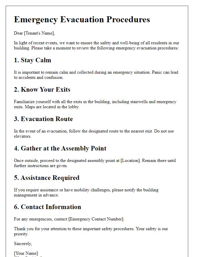 Letter template of emergency evacuation procedures for residential tenants