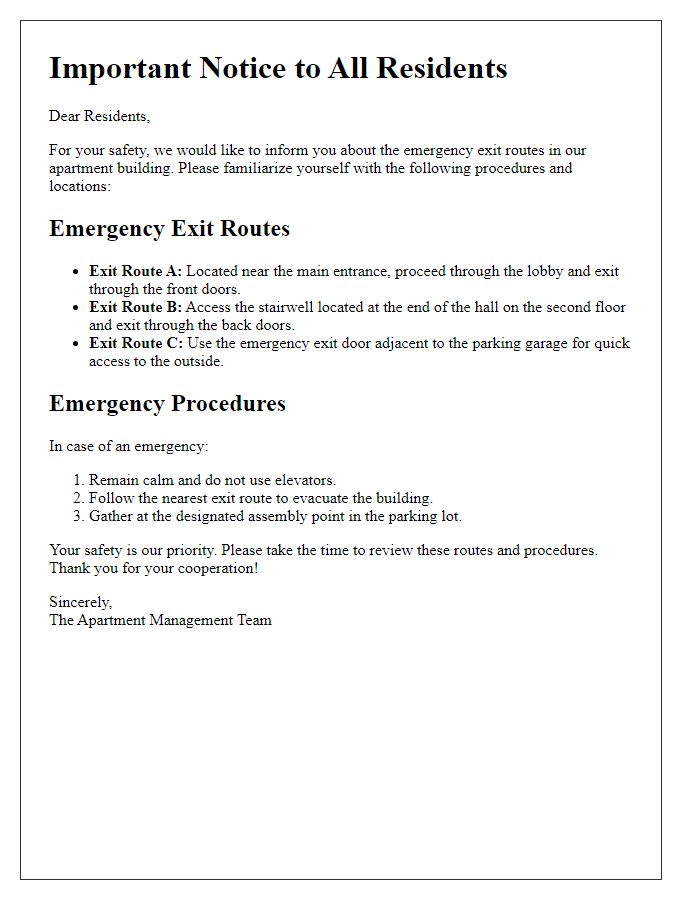 Letter template of emergency exit routes for apartment residents