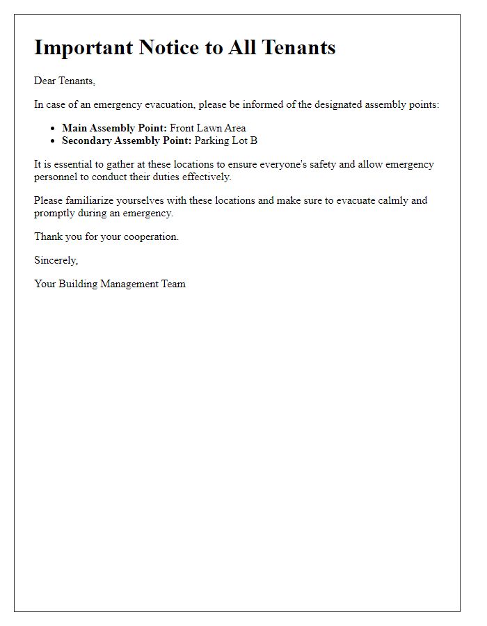 Letter template of evacuation assembly points for tenants