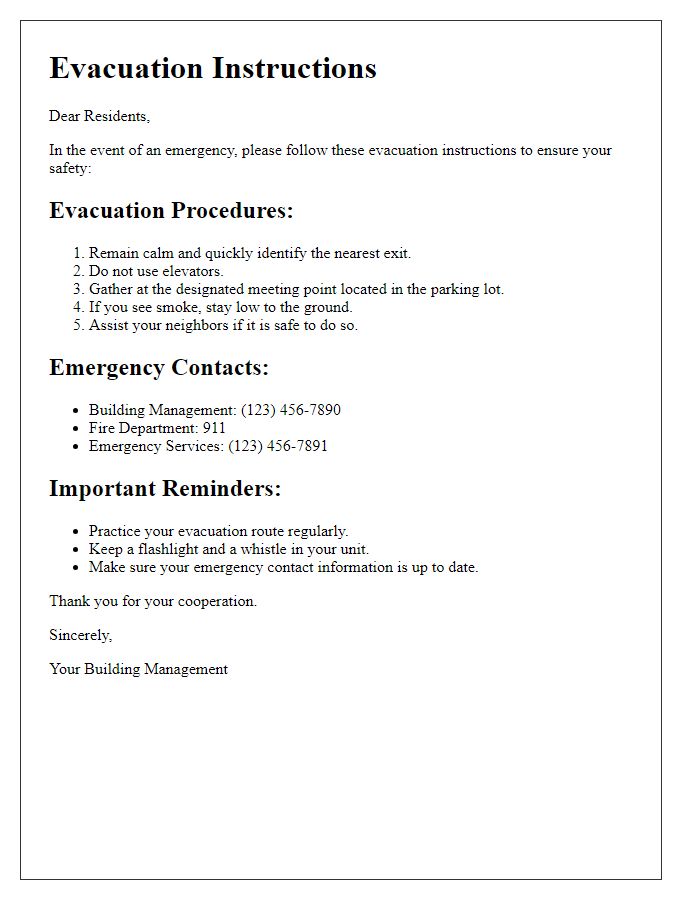 Letter template of evacuation instructions for multi-unit dwellings