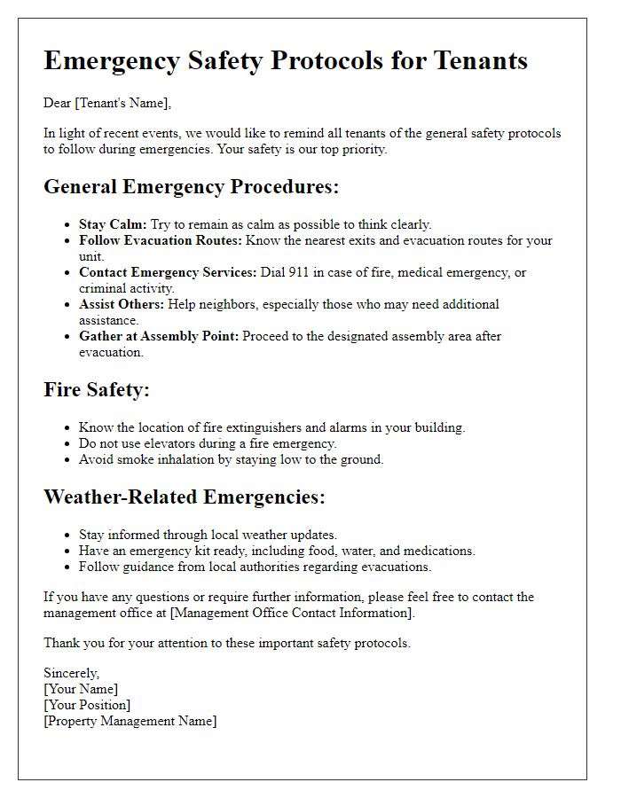 Letter template of general safety protocols for tenants in emergencies