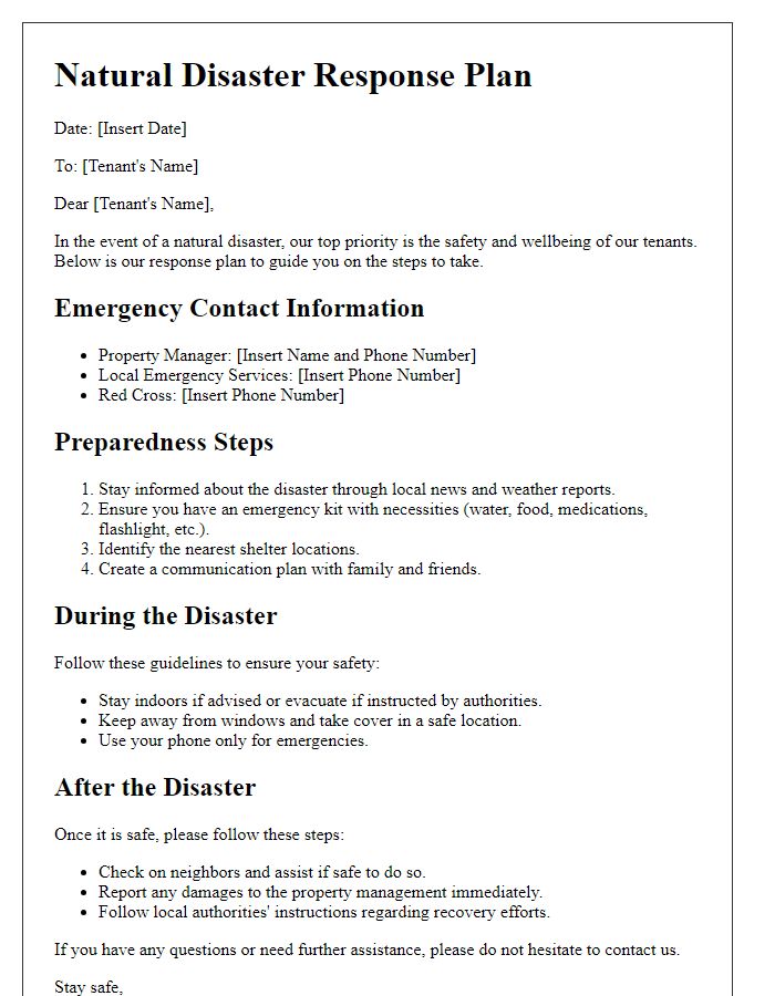 Letter template of response plan for tenants in case of natural disasters