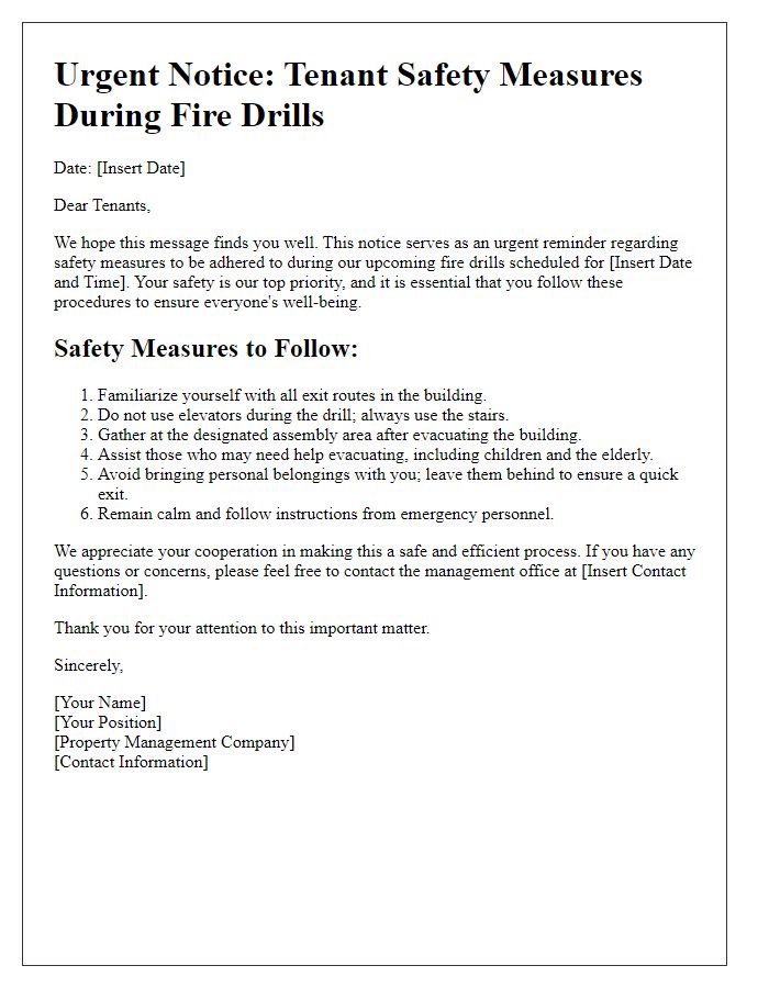 Letter template of urgent tenant safety measures during fire drills