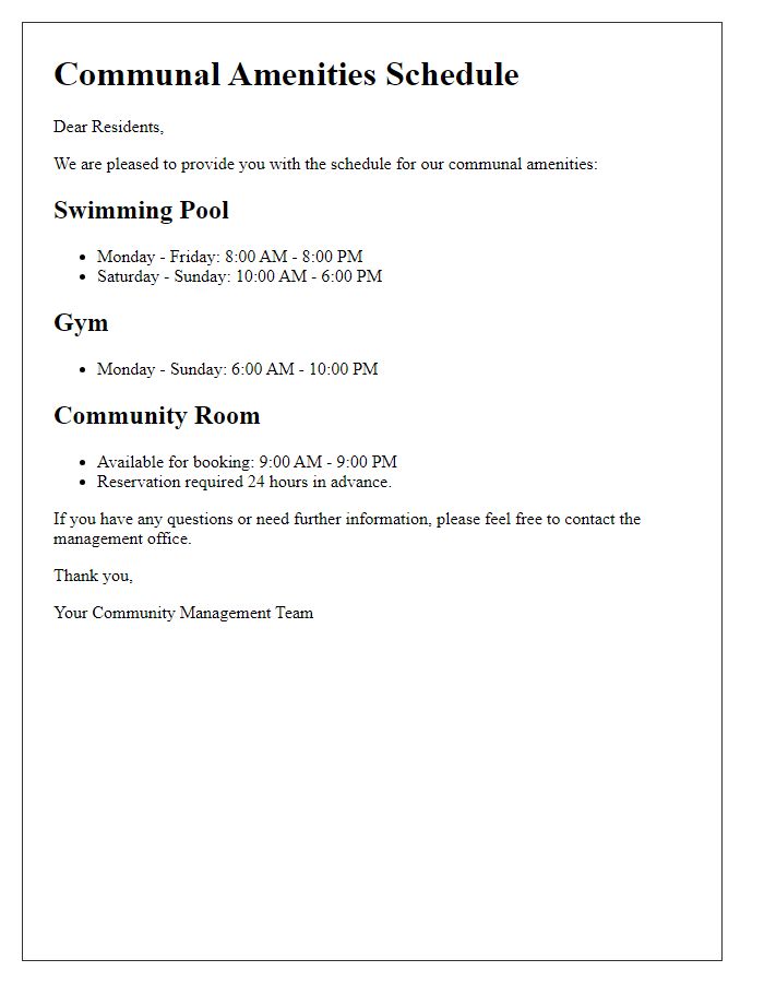 Letter template of communal amenities schedule for residents