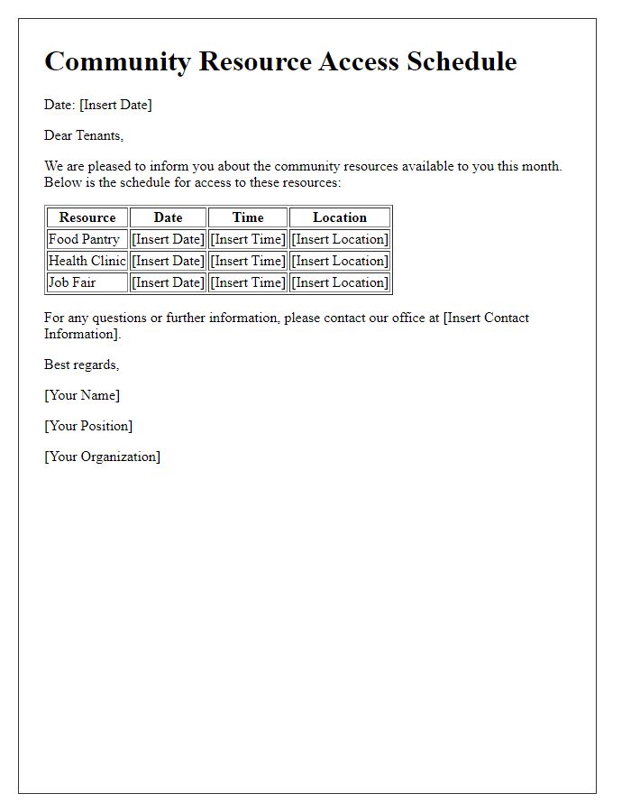 Letter template of community resource access schedule for tenants