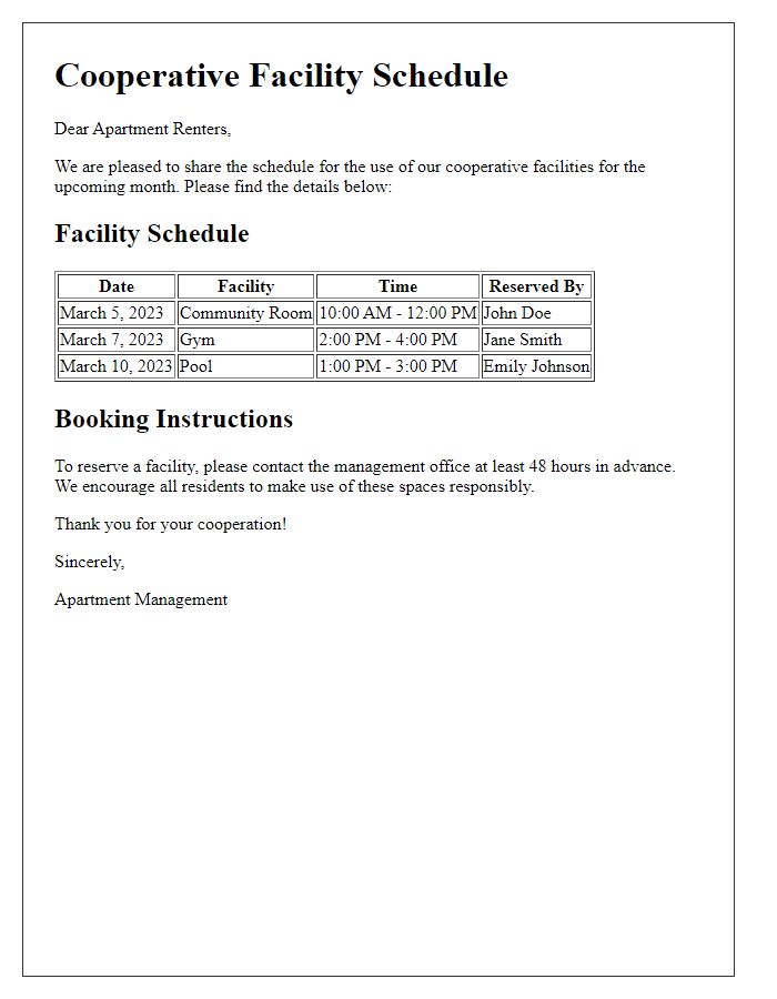 Letter template of cooperative facility schedule for apartment renters