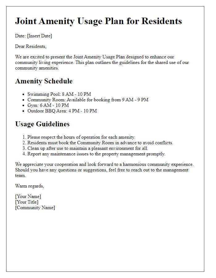 Letter template of joint amenity usage plan for residents