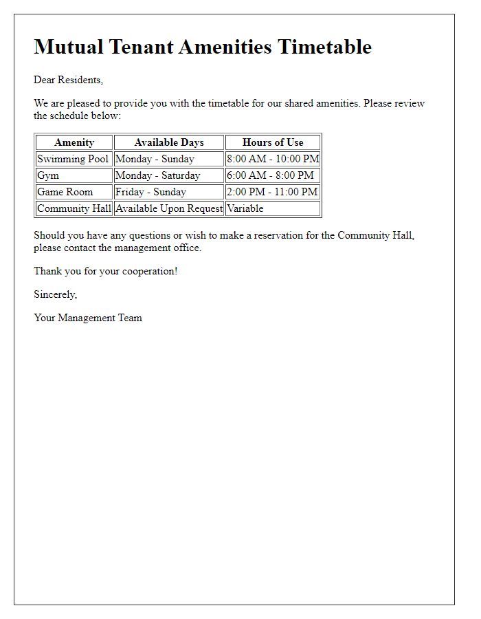 Letter template of mutual tenant amenities timetable