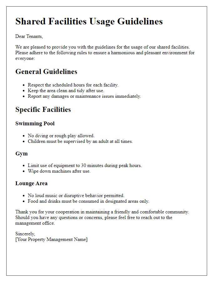 Letter template of shared facilities usage guidelines for tenants