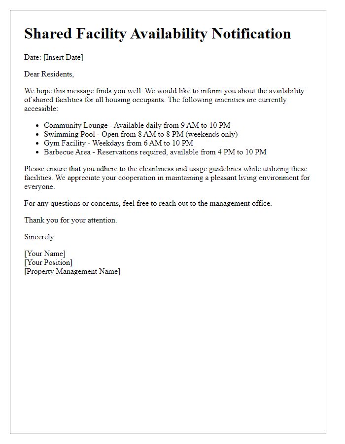 Letter template of shared facility availability for housing occupants