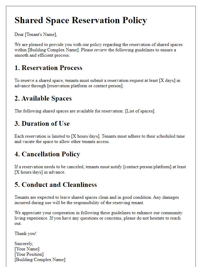 Letter template of shared space reservation policy for tenants