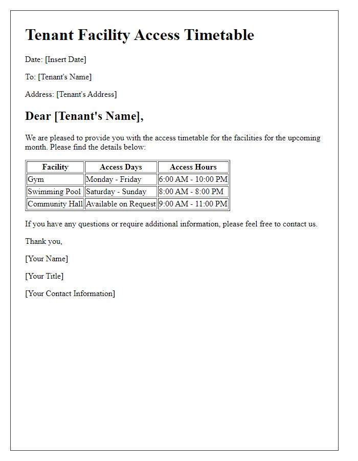 Letter template of tenant facility access timetable