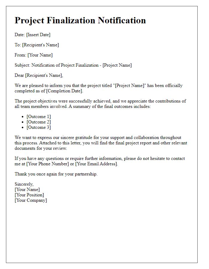 Letter template of finalized project notification.