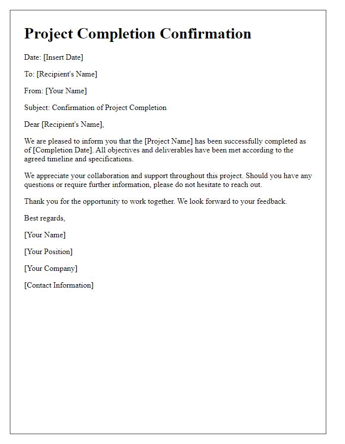 Letter template of project completion confirmation.