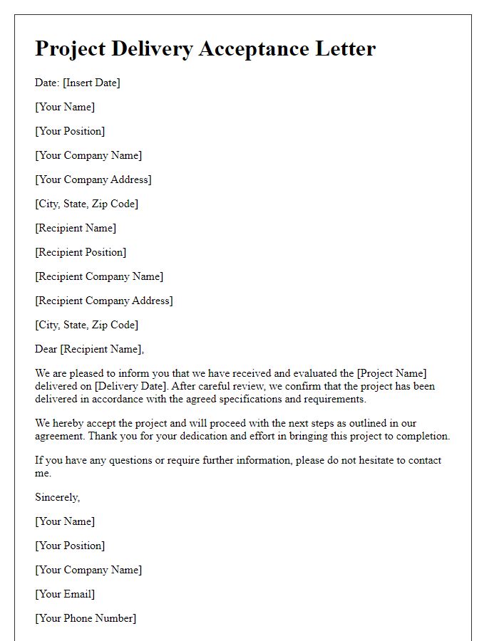 Letter template of project delivery acceptance.