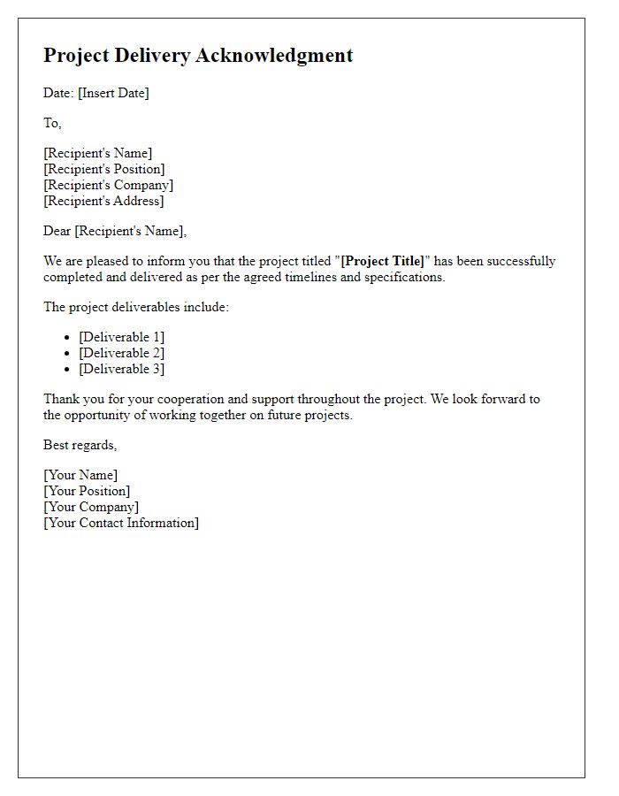 Letter template of project delivery acknowledgment.