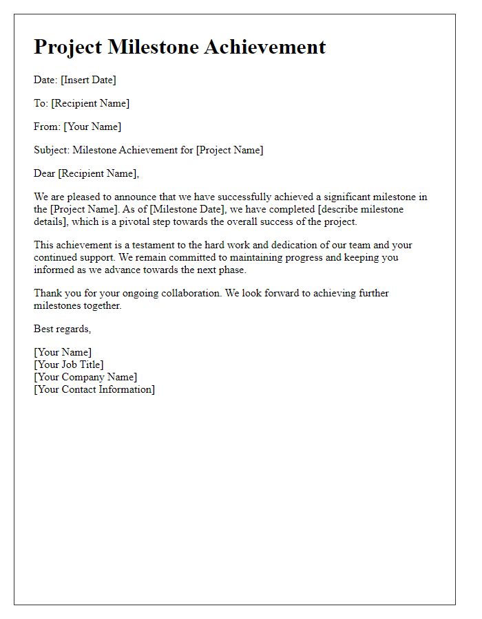 Letter template of project milestone achievement.