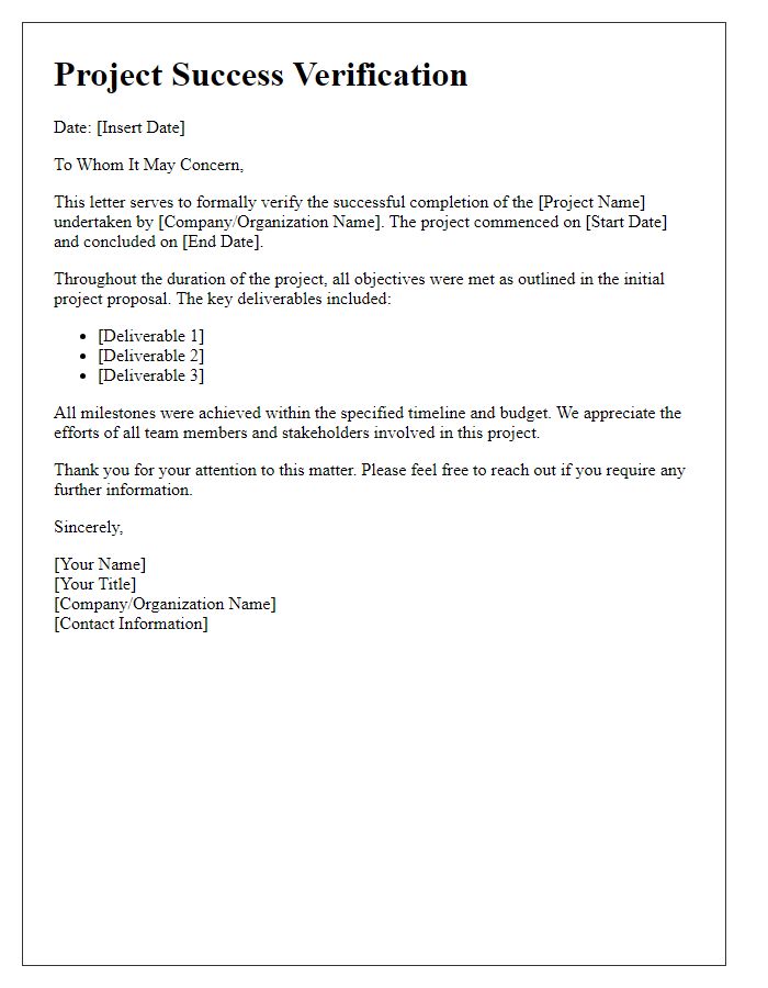 Letter template of project success verification.