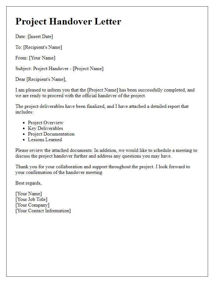 Letter template of successful project handover.