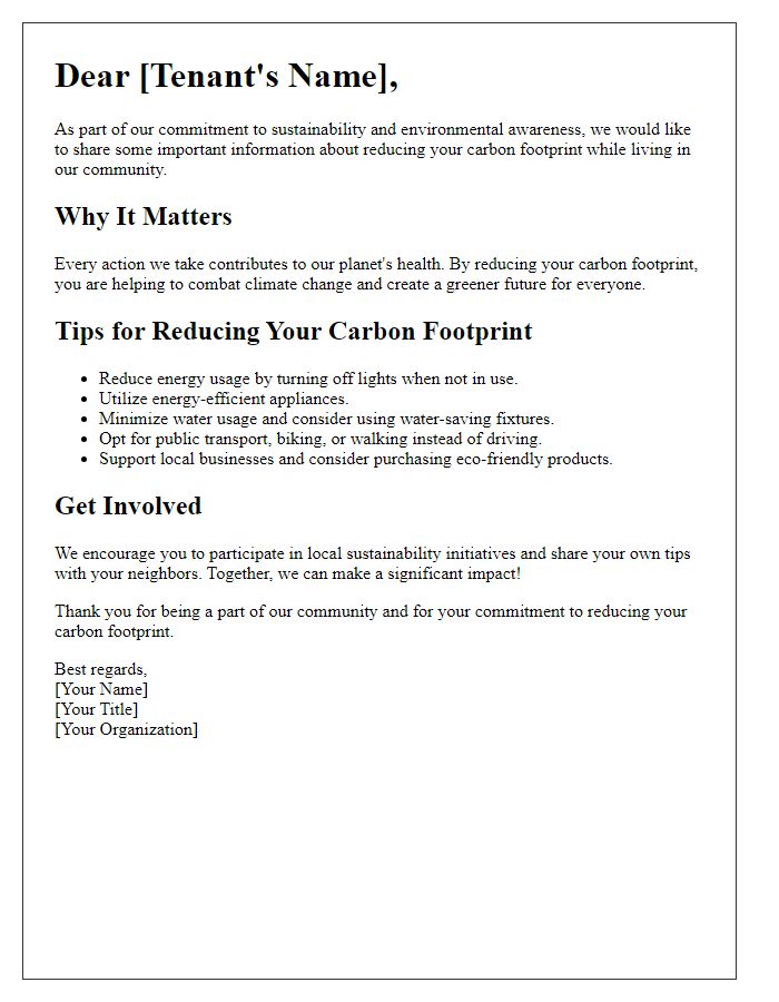 Letter template of tenant carbon footprint reduction awareness