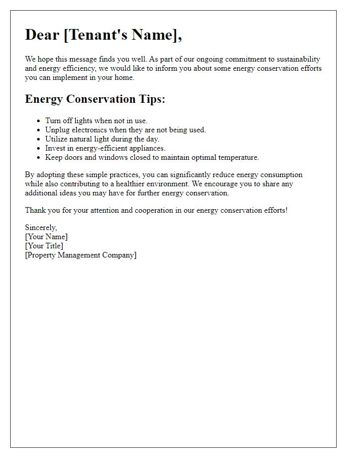 Letter template of tenant energy conservation efforts communication