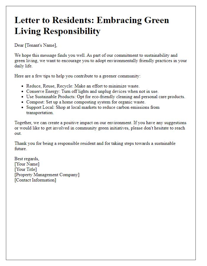 Letter template of tenant green living responsibility communication