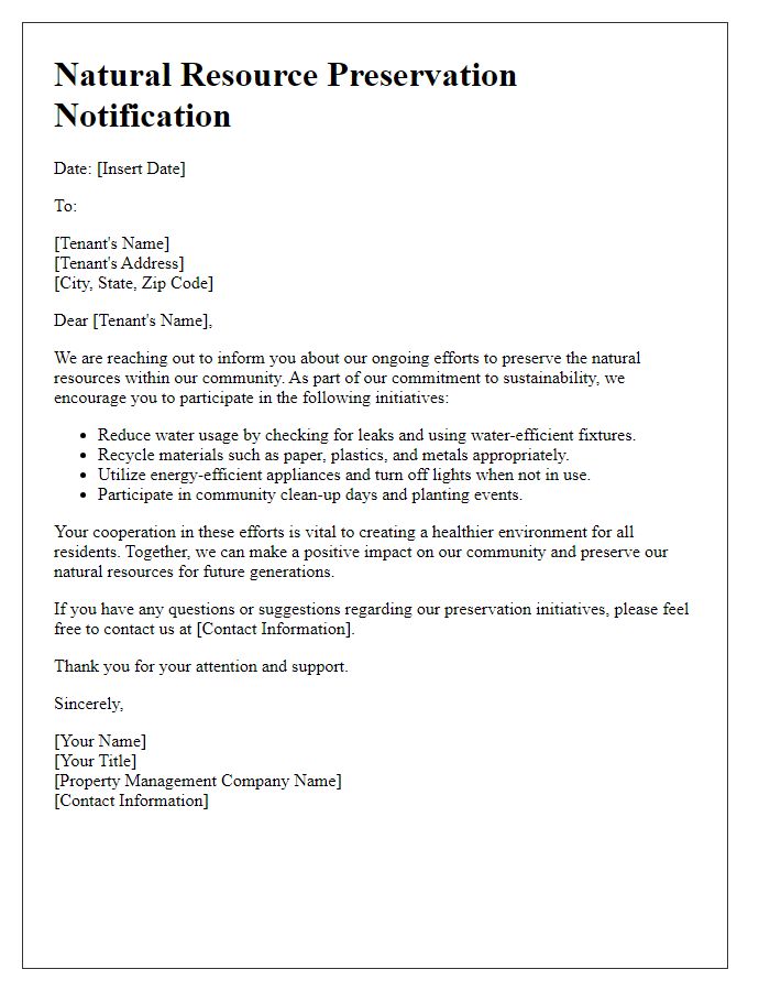 Letter template of tenant natural resource preservation notification