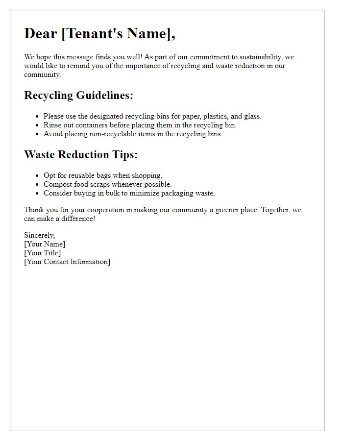 Letter template of tenant recycling and waste reduction reminder